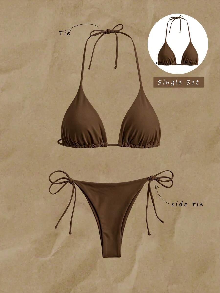 Swim Vcay 女士夏季海滩纯色露背性感比基尼上衣 - 咖啡棕 - 查看 1