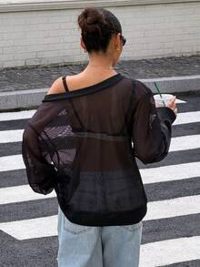 Muchica Women's Solid Color Asymmetric Shoulder Casual Versatile Everyday Sweatshirt - Black - View 7