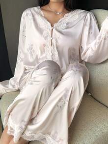 Dazy Plus Floral Print All-Over Lace Trim Patchwork Loose Top And Pants Elegant Spring/Autumn Pajama Set - Apricot - View 1