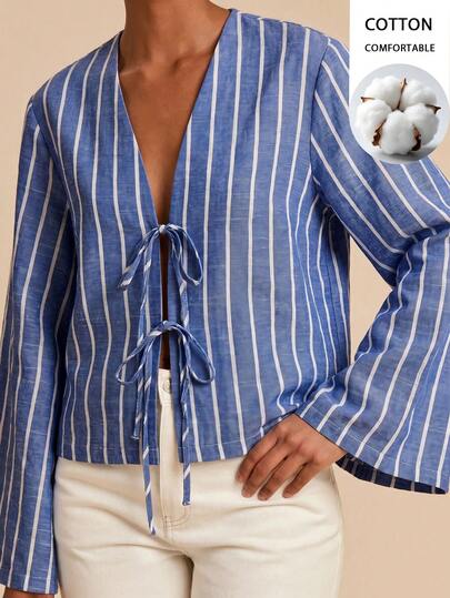 Travachic Camisa casual de férias para mulher, às riscas, com laço à frente e manga comprida