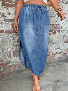 SHEIN LUNE Rok Denim Kasual Ukuran Besar dengan Potongan Melengkung - Medium Wash - View 5