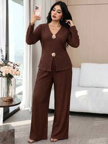Modelyn Plus Size Women's Metal 3D Floral Decor Long Sleeve Top And Wide Leg Pants Elegant 2-Piece Set - Coffee Brown - View 3