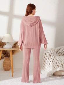 SHEIN Teen Girl Woven Label Knitted Fuzzy Ribbed Hoodie Autumn Top And Flared Long Pants Casual 2 Pieces Set - Pink - View 2