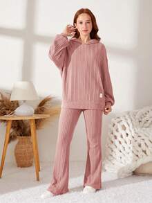 SHEIN Teen Girl Woven Label Knitted Fuzzy Ribbed Hoodie Autumn Top And Flared Long Pants Casual 2 Pieces Set - Pink - View 3