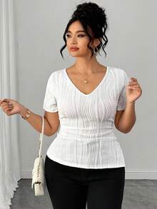 Elenzga Plus Size Women's Solid Color Textured Short Sleeve Slim Fit T-Shirt - White - View 7