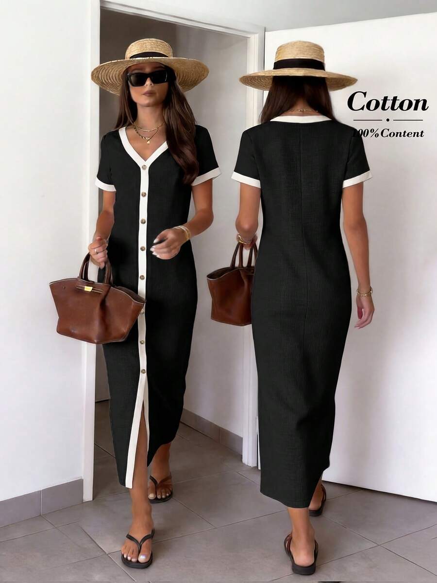 Easowa Contrast Trim V-Neck Button Front Casual Short Sleeve Dress,Dresses For Women Summer - Black and White - View 1