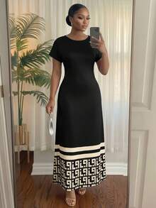 SHEIN Lady CURVE 大尺碼女款圓領拼色休閒派對與旅行洋裝 - 黑色 - 查看 6