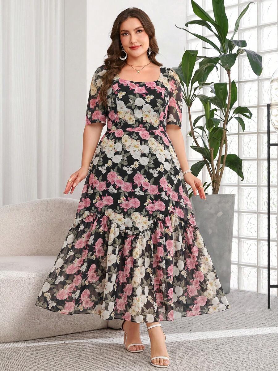 Reflora Plus Size Floral Print Pleated Vacation Dress Party Brunch ...