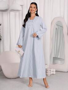 Al Najma Women's Solid Color Shell Trim Elegant Modest Long Sleeve Arabic Dress Dates Summer - Blue - View 5