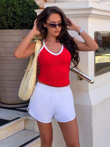 Harriette Anya Women's Contrast Color Casual Fitness Racerback Tank Top Sports - Red - View 4