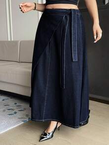 Dazy Plus Women's Plus Size Long Casual Denim Skirt With Belt Splicing Tie Design, Dark Wash Blue, Autumn New Arrival - Dark Wash - View 6