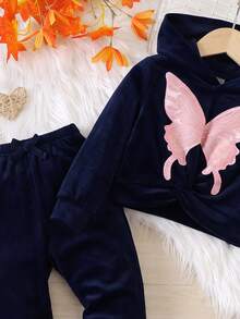 SHEIN Elladie kids Setelan Kasual Sehari-hari 2 Potong untuk Anak Perempuan: Atasan Lengan Panjang Berkerudung dan Celana Motif Kupu-kupu - Navy Blue - View 7