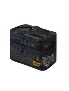 1 Leopard Print Black Mesh Double-Layer Cosmetic Bag, Portable, Double-Layer Large Capacity, Can Store Cosmetics And Makeup Tools, Suitable For Home And Out, Is The Ideal Choice For Women At Home. - Black - View 11
