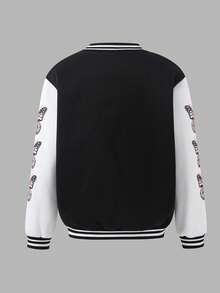 SHEIN Explorewe Streecool 青少年女孩秋冬休閒舒適時尚設計日常百搭字母與娃娃圖案棒球夾克 - 黑與白 - 查看 2