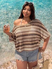 GalTyme 春夏波希米亞風彩色條紋不對稱領口露肩短袖卡其色大尺碼T恤 - 卡其色 - 查看 5