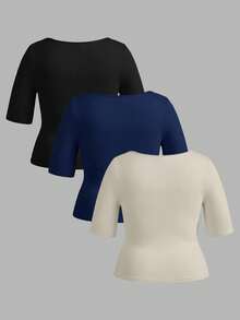 SHEIN BASICS 3件裝休閒純色針織方領短袖修身大尺碼T恤 - 彩色 - 查看 2