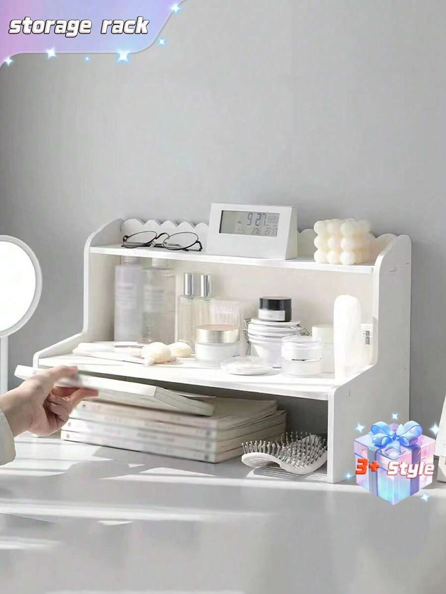 1 Double-Layer Height-Adjustable Desktop Shelf For Dormitory/Office Use, Organizing Cosmetics, Stationery, And Books. - White - View 1