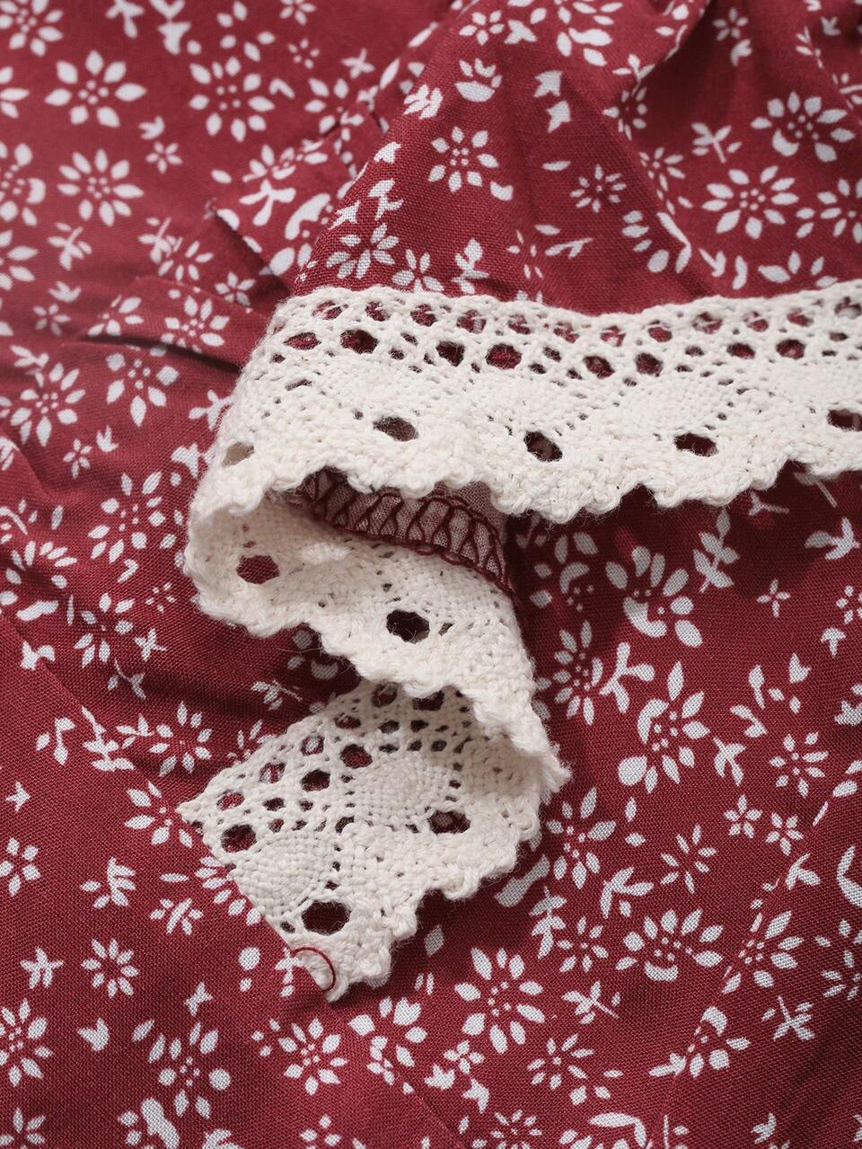 Dazy Plus Ditsy Floral Contrast Lace Lantern Sleeve Loose Long Sleeve Red Nightgown For Spring And Autumn