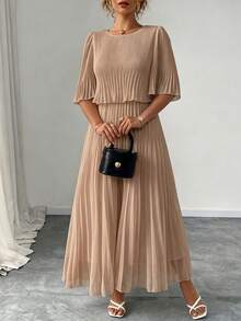 Elenzga Plus Size Solid Color Elegant Chiffon Pleated Dress, Spring/Summer - Champagne - View 1
