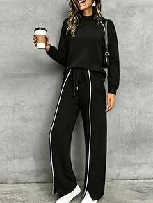 Holdful Holdful 2026 Women's Fashion Comfortable Casual Knit Contrast Color Round Neck Short Sleeve Top + Elastic Waist Wide Leg Slit Long Pants 2 Pieces Set Formal - Black - View 1