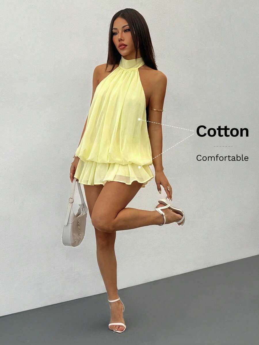 SHEIN PETITE 女款優雅淡黃色掛脖領綁帶迷你洋裝，適合派對、約會，秋冬/春夏穿著 - 黃色 - 查看 1