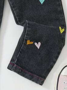 SHEIN 女童個性化百搭舒適休閒度假時尚街頭風水洗軟綿可愛彩色刺繡花苞腰長褲薄款夏季 - 黑色 - 查看 5