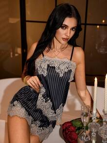 SilkySpell Asymmetrical Lace Patchwork Striped Faux Silk Sexy Camisole Nightwear Set For Women - Coffee Brown - View 3