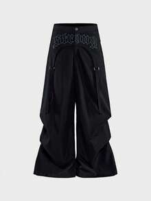 AXEPEAK Pantalones de pierna ancha con diseño deconstruido y estampado de letras plisados para hombres - Negro - Ver 2