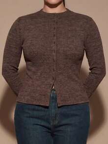 SHEIN BAE CURVE 大尺碼女款棕色長袖鈕扣上衣，適合外出、疊穿，秋冬季穿著 - 棕色 - 查看 6