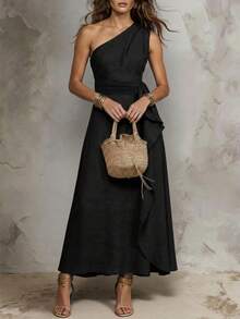 Solivie Women's Solid Color One-Shoulder Patchwork Ruffle Sleeveless Elegant Dress - Black - View 5