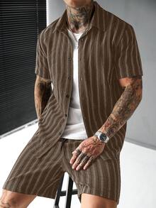 SLATEMANN 男士舒適條紋提花克雷普布料短袖襯衫與抽繩鬆緊腰短褲，休閒度假、朋友約會、雞尾酒會、沙龍、聚會、日常辦公、極簡商務，特別適合春秋季節，適合自穿或送禮給朋友 - 咖啡棕 - 查看 3
