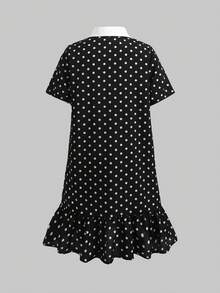 SHEIN 兒童青少年女孩 Polo 領撞色拼接黑白波點印花寬鬆 A 字裙擺荷葉邊洋裝 休閒學院風通勤時尚返校穿搭 - 黑與白 - View 2
