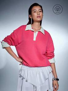 MERLEAU Women's Light Pink White Long Sleeve Polo Shirt Half-Zip Pullover Streetwear Athletic Colorblock Sweatshirt 2 In 1 School Fall Everyday - Hot Pink - View 3