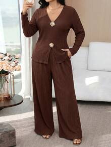 Modelyn Plus Size Women's Metal 3D Floral Decor Long Sleeve Top And Wide Leg Pants Elegant 2-Piece Set - Coffee Brown - View 7