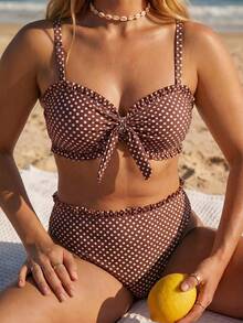 Swim Mod 2026 Plus Size Women 2 Pieces Vintage 1960s 1920s Polka Dot Print Bandeau Lace Trim Separates Swimwear Set, Beach Party Vacation, Summer Holiday Pearl - Multicolor - View 1