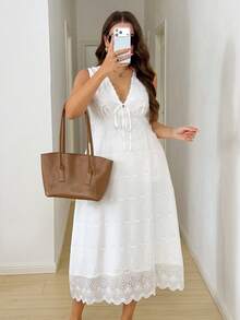 Easowa Curve Plus Size White Summer Elegant Vacation Holiday Women's Embroidered Sleeveless Dress,Lace-Up Front Mid-Length Eyelet Lace Trim Boho Casual Outfits - White - View 2