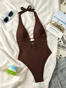 Swim SXY Springbreak 女款黃色羅紋針織提花鏤空深露背 V 領掛脖高衩連身泳衣，性感休閒海灘度假、泳池派對、溫泉、海灘穿搭、音樂節波希米亞風 - 咖啡棕 - 查看 6