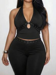 Slaydiva New Spring/Summer Women's Plus Size Two Pieces Set Sexy Halter Neck Top With Eyelet Webbing Flared Pants Pantsuit Suspender Top Set Solid Black - Black - View 4