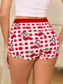Betty Boop x SHEIN Women's Plaid Cherry Print Casual Everyday Hipster Panties - Red - View 4