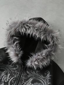 ROMWE MEN Men's Dark Rhinestone Gothic Letter & Wing Print Loose Fit Open Front Plush Hooded Sweatshirt - Black - View 8