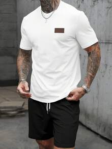 Manfinity Homme 男士皮革貼飾休閒修身版型T恤套裝 - 黑與白 - 查看 3