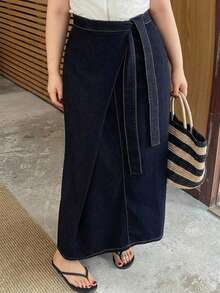 Dazy Plus Women's Plus Size Long Casual Denim Skirt With Belt Splicing Tie Design, Dark Wash Blue, Autumn New Arrival - Dark Wash - View 1