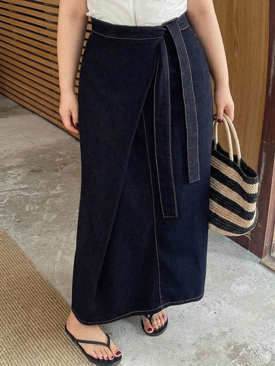Dazy Plus Women's Plus Size Long Casual Denim Skirt With Belt Splicing Tie Design, Dark Wash Blue, Autumn New Arrival - Dark Wash - View 1