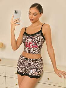 Betty Boop x SHEIN Women's Leopard Print Cartoon Pattern Lace Camisole Top And Shorts Pajama Set - Brown - View 1