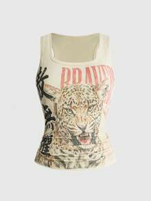 ROMWE Avant Women's Plus Size Vintage New Chinese Style Leopard Print Chinese & English Text Tank Top - Yellow - View 1