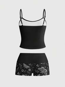 ROMWE Set 2 Potong Motif Bunga, Pastoral, Lucu, Patchwork, Seksi, Hot Girl, Wanita Imut - Hitam - View 2
