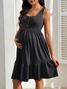 GentleRue Maternity 孕妇纯色纽扣前开襟无袖哺乳连衣裙 - 深灰色 - 查看 3