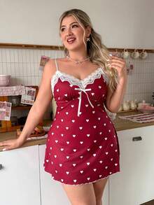 Slumberry CURVE Plus Size Women Heart Print Knit Fabric Contrast Color Lace Strap Mini Nightgown - Red and White - View 3