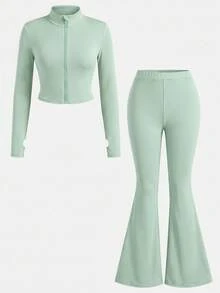SHEIN Girlism NovaGlow 青少年女孩運動休閒日常針織素色開襟外套與喇叭長褲套裝 - 薄荷綠 - 查看 3