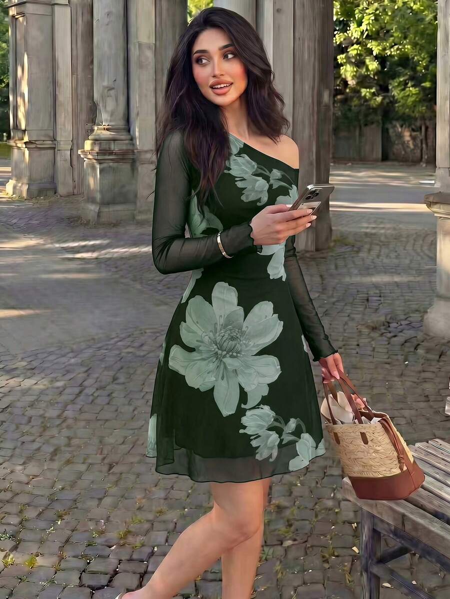 Modelyn 網格印花不對稱領口抓皺優雅性感夏季女裝洋裝 - 墨綠色 - 查看 1